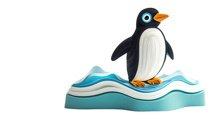 Fototapeta premium Cute Cartoon Penguin Standing on Snowy Iceberg with Waves