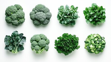 Broccoli florets arranged artfully on a clean white background, emphasizing their unique shape and color.