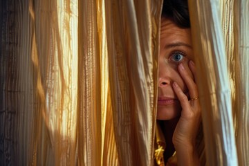 Obraz premium A woman looks out from behind a curtain, possibly hiding or seeking something
