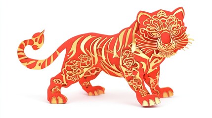 Fototapeta premium Chinese tiger paper cutout in red and gold, isolated on white.
