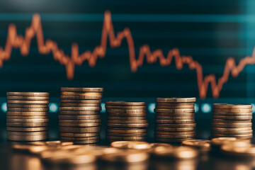 Financial Market Illustration: Stacks of Coins and a Stock Market Decline
