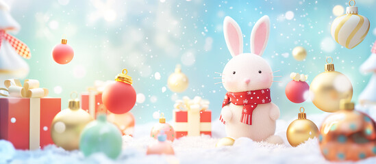 Fototapeta premium Snowy wonderland featuring a bunny with colorful holiday decor 