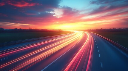 Vibrant sunset over a highway with speeding cars, light trails.