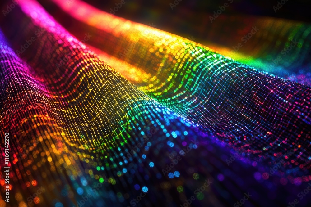 Poster a close-up view of a rainbow-colored fabric with its vibrant colors and intricate texture