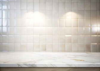 Long Exposure Empty Marble Tabletop Bathroom, Blurred Tile Wall, Minimalist Interior Design, White Marble Texture, Abstract Bathroom Photography