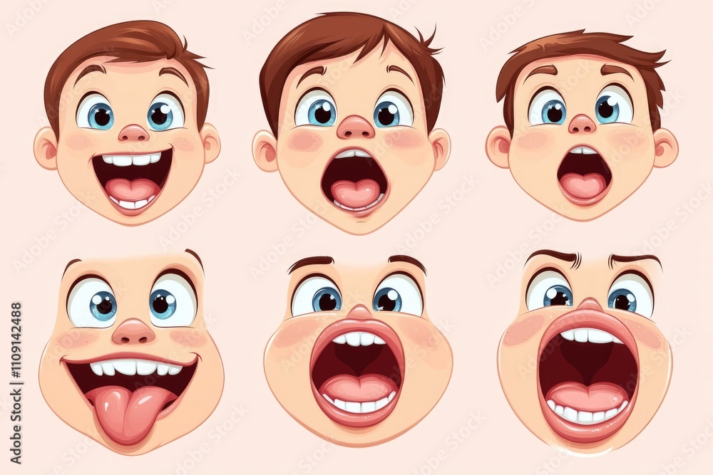 Poster Various cartoon faces of a boy with different expressions