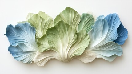 Crisp Chinese cabbage leaves layered on a white background, showcasing their texture and color.