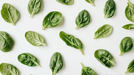 Crispy lettuce leaves fanned out on a white background, displaying their texture and color.