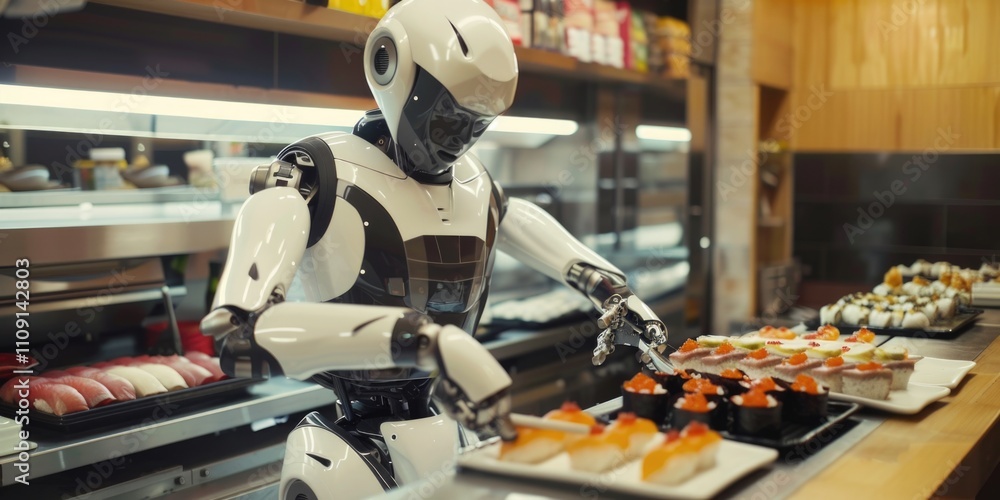 Aufkleber A robot stands in front of a counter with various gadgets and devices