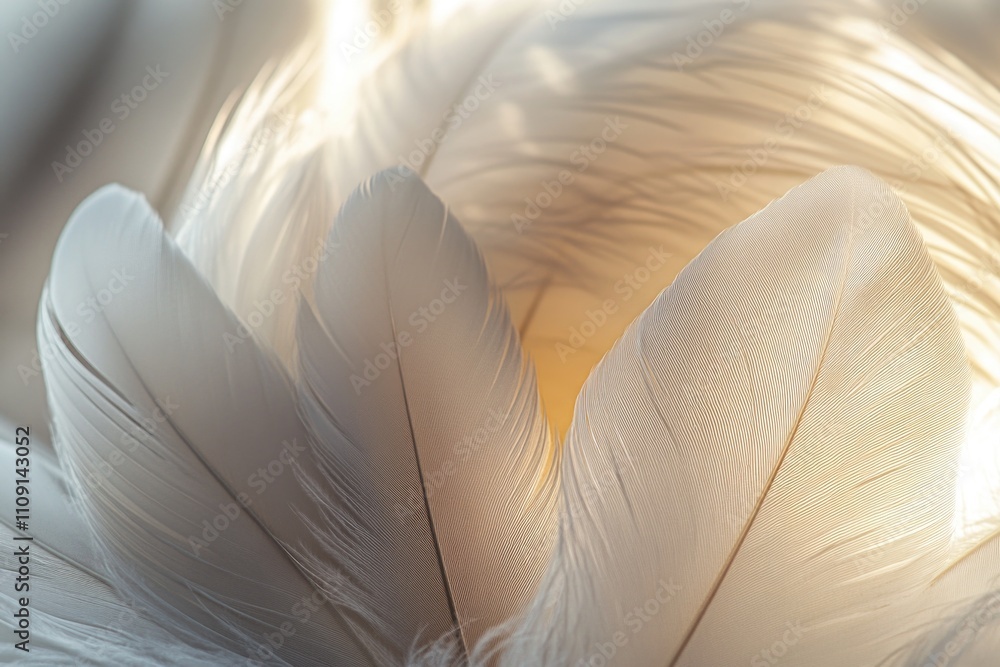 Poster a single white feather lying on a table, perfect for use in editorial or commercial contexts