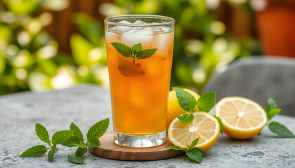 Fototapeta premium Kombucha Tea or iced tea beverage. Fermented Super Food, Pro Biotic summer drink In Glass with mint , Lemon, On concrete Table, outdoor. Copy space with a white accent, png