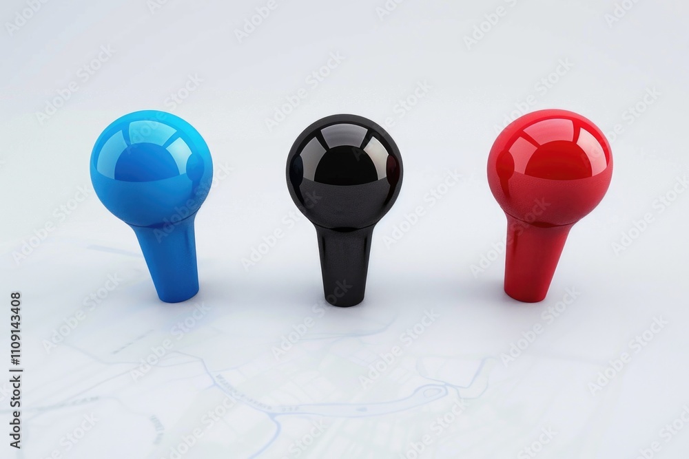 Poster A collection of three differently colored knobs sitting on a plain white background, ideal for use in presentations or illustrations about technology and innovation