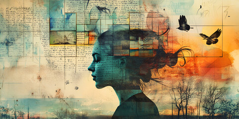 Fototapeta premium A Woman's Head Surrounded by a Collage of Various Birds and Books, Symbolizing Knowledge and Freedom