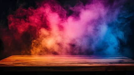 Colorful Smoke Floating Above Empty Wooden Table in Dark Room