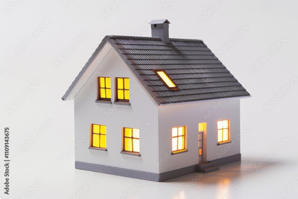 Poster a model of a house with lit up windows
