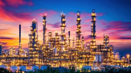 Obraz premium Vibrant Oil Refinery at Dusk with Industrial Silhouettes