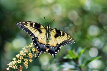 Fototapeta premium A yellow and black butterfly perched on a colorful flower, highlighting the beauty of nature