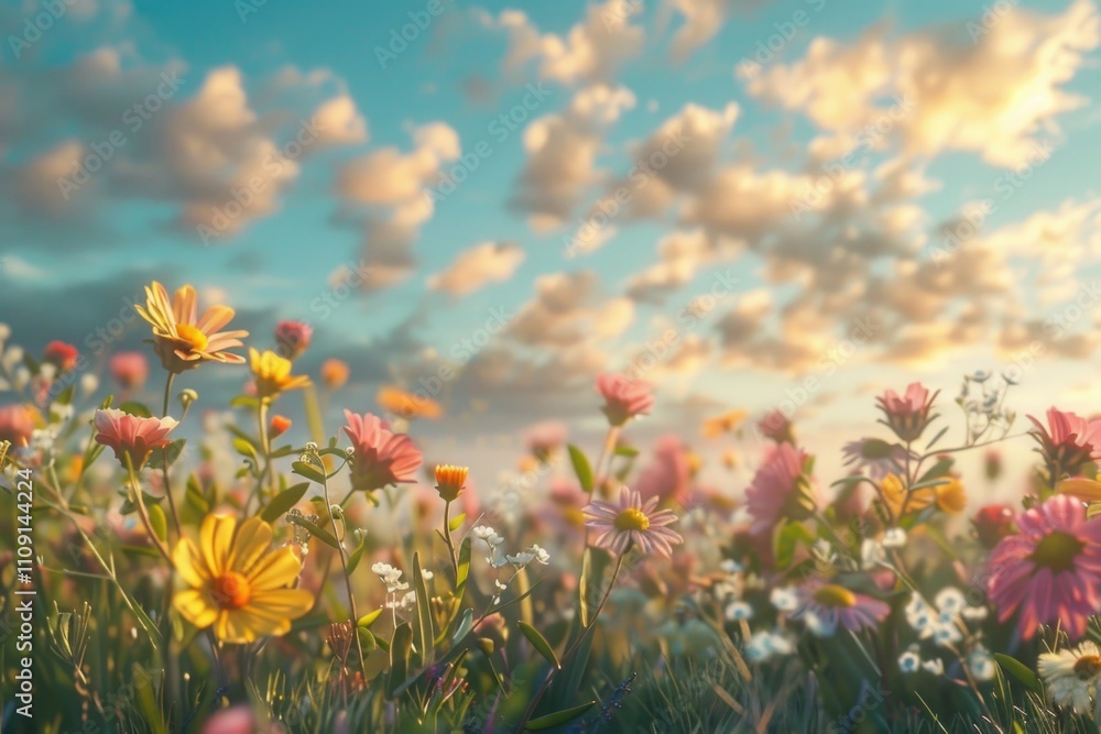 Poster field of colorful flowers with overcast sky