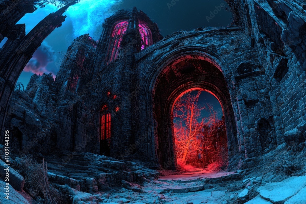 Poster abandoned structure with glowing red beacon