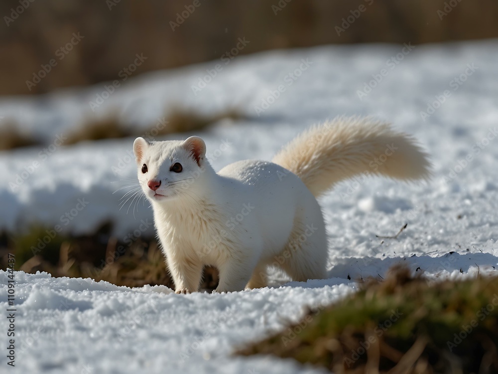 Wall mural White stoat alert on snow.