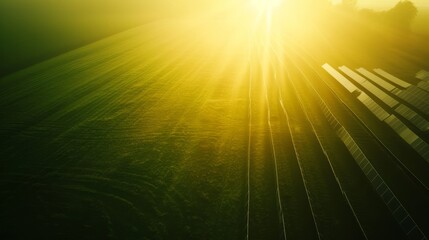 Obraz premium Many solar panels are absorbing sunlight during a beautiful sunset in field, top view