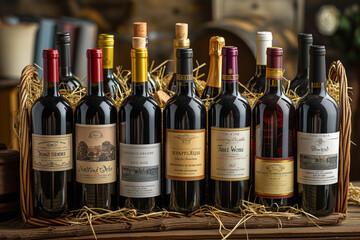 Exquisite collection of red wines arranged elegantly on a wooden display. Generative AI