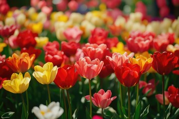 A bunch of colorful tulips, ideal for spring or Easter-themed designs