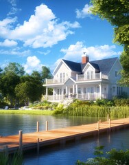 A serene lakeside home surrounded by lush greenery and a wooden dock under a blue sky.