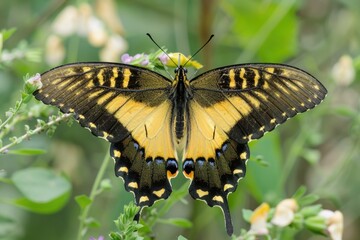 A yellow and black butterfly perched on a colorful flower