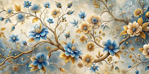 A delicate arrangement of blue and gold flowers on a soft, watercolor background, evoking a sense of elegance and tranquility