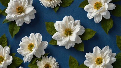 Obraz premium White towel with white flowers and green leaves on a blue background.
