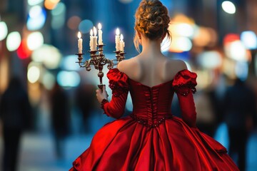 A woman holds a candelabra in her hand, dressed in a red dress