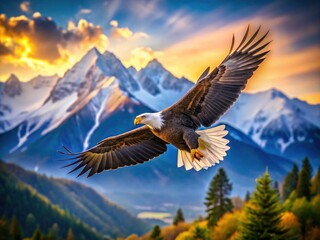 Fototapeta premium Majestic American Bald Eagle Soaring Above Mountains - Tilt-Shift Photography