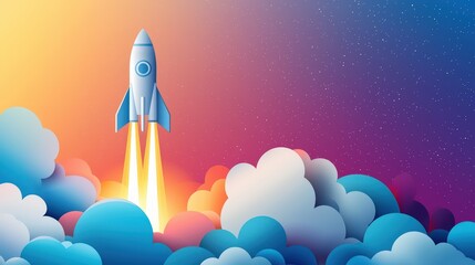 Fototapeta premium Rocket Launching into Colorful Sky with Clouds