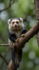Obraz premium White-headed marmoset perched on a branch.