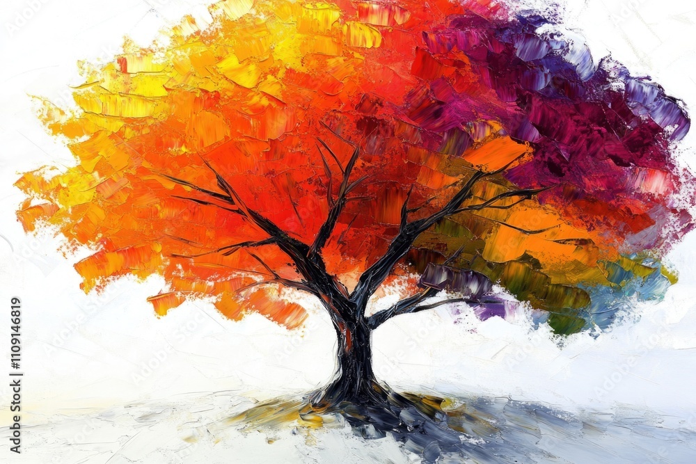 Poster a vibrant tree on a pure white background, great for use in designs where bright colors are needed