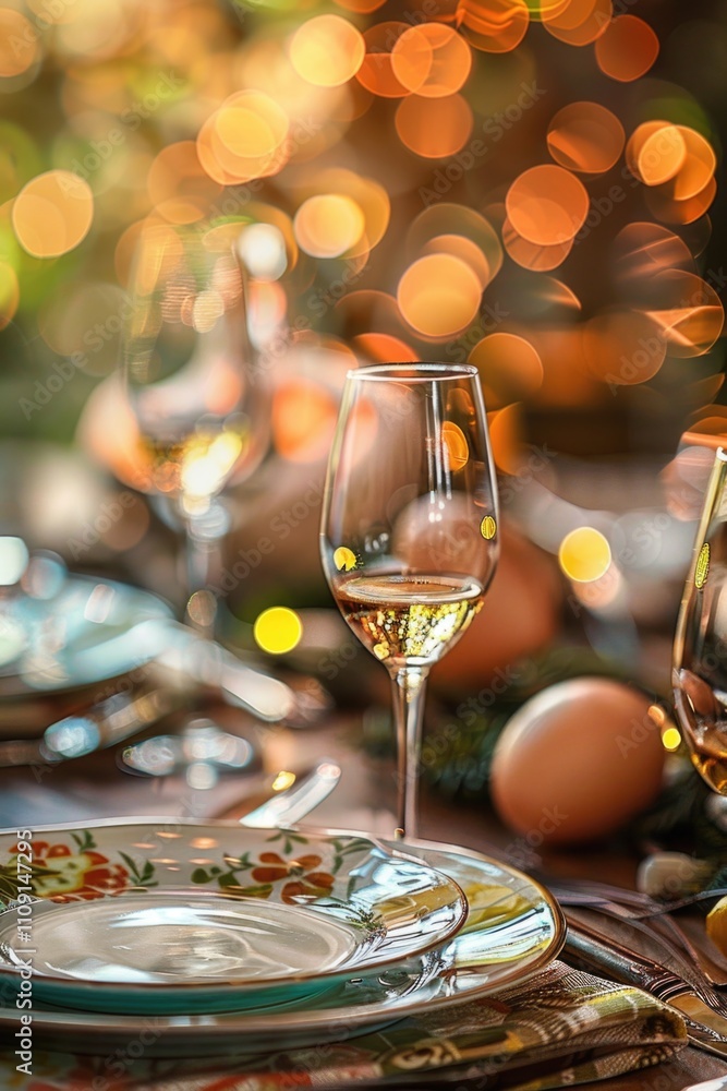 Poster a table set with plates and glasses of wine