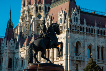 Budapest, Hungary - March 25, 2023. Franz II. Rákóczi statue in front of Parliament in Budapest,...