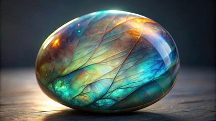 A spherical glass orb with intricate veins and a celestial glow, illuminating its iridescent surface.