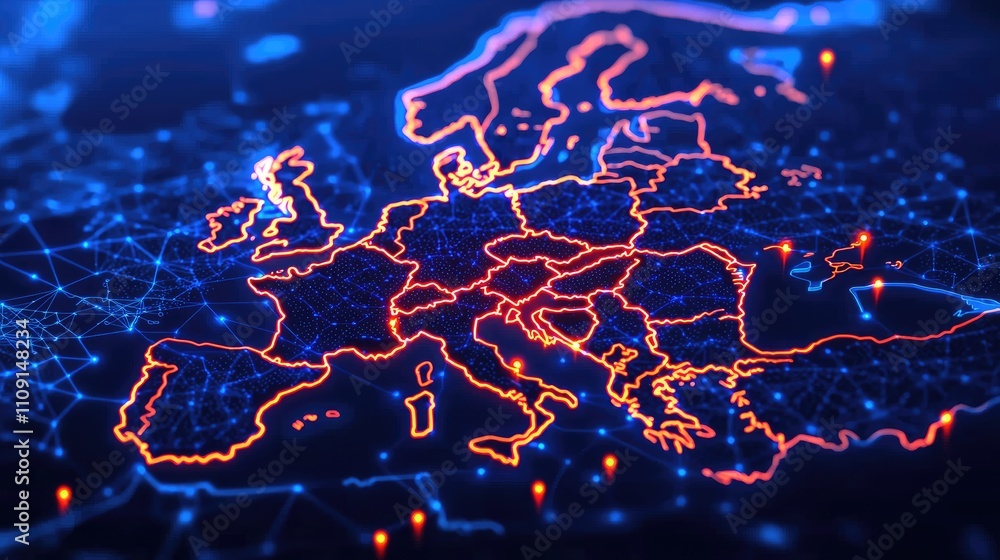 Poster Europe Map Digital Network Global Connectivity Illuminated Borders