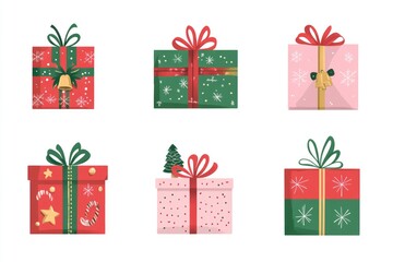 Fototapeta premium Four Christmas presents wrapped in colorful paper and decorated with ribbons and bows