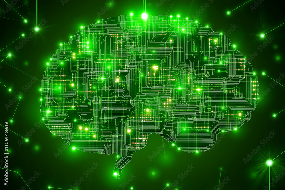 Aufkleber tech circuit board shaped like brain glowing green background