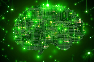 Obraz premium Tech circuit board shaped like brain glowing green background