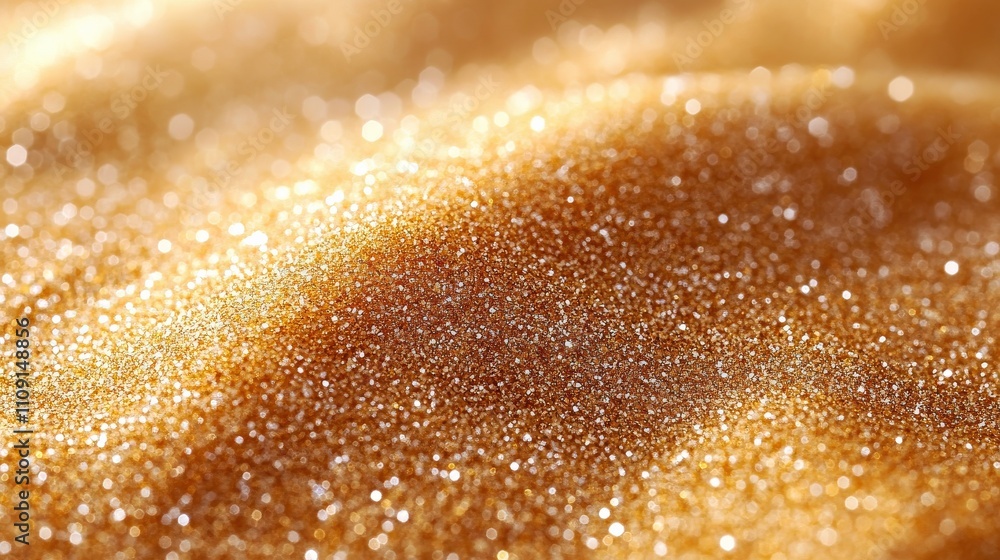 Poster close-up view of shimmering golden sand texture with glimmers of light capturing the richness and de
