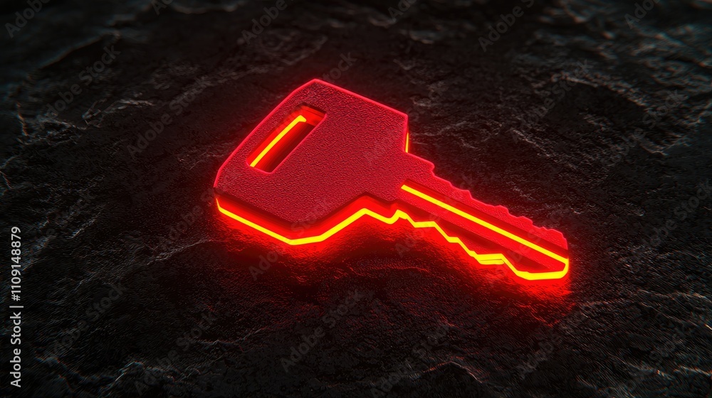 Poster glowing red key on dark background security access success concept