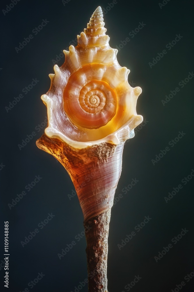 Poster a close-up view of a shell perched on the end of a wooden stick, great for use in travel or nature-i