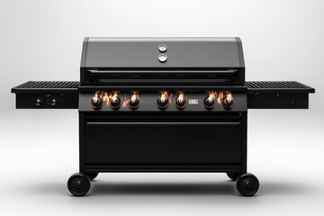 Obraz premium Black gas grill with six burners, open side shelves, and lit flames.