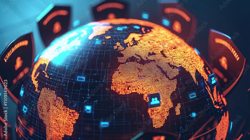 Poster global network security digital world map with cyber protection shields