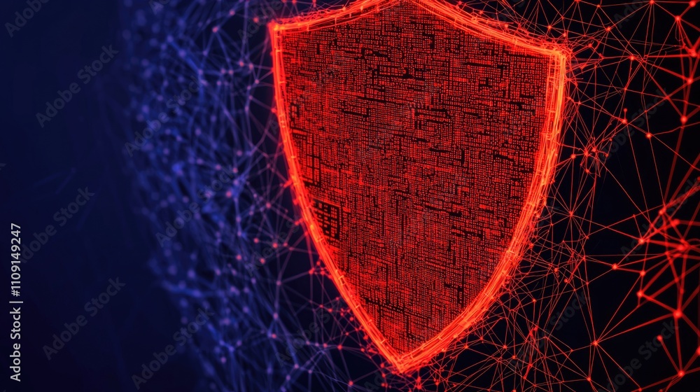 Poster digital shield cyber security network protection data safety firewall red abstract technology