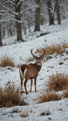 Obraz premium Wild deer in a snowy winter landscape.